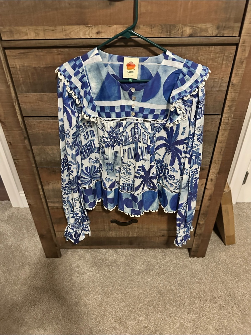 FARM Rio Blue and White Scenic Printed Ruffle-Pom Peasant Blouse